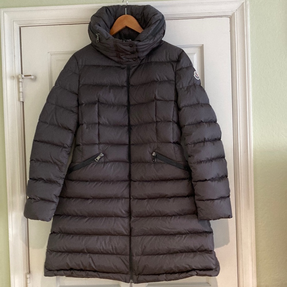Moncler Women Flammette Down Puffer Long Jacket Hood Dark Gray size 4/ LRG  NWOT